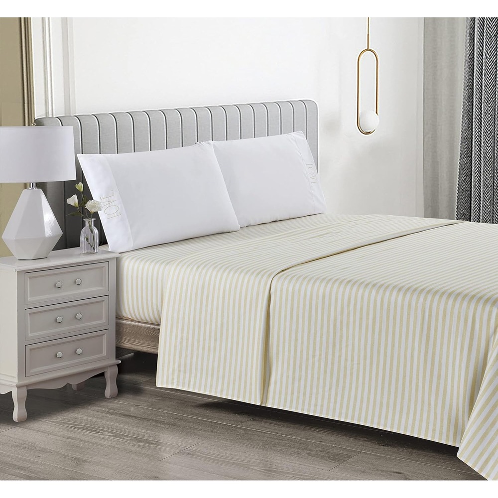 Rae Dunn Sheet Set Unisex King Yellow New Embroidered Love Stripes 4pc